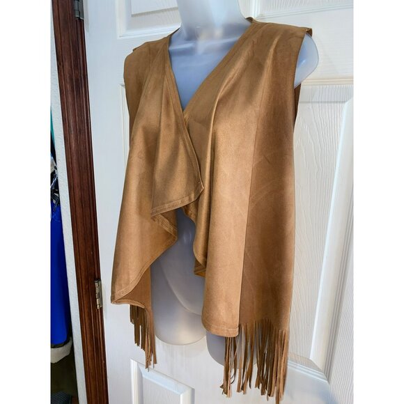 Tan Fringe Boho Vest With Embroidered Rose & Love & Peace Back Print OS - Picture 3 of 8